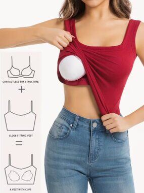 Burgundy Red Ribbed Square Neck Tank Small Built-In Bra Stretchy Fitted NWT